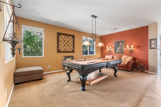 game room featuring light tile patterned floors and pool table