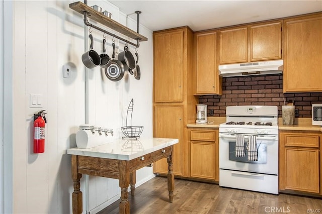 kitchen with backsplash, dark wood-type flooring, and white appliances