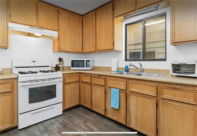 kitchen with dark wood-type flooring, sink, and white appliances