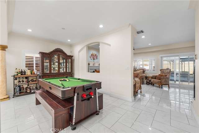 playroom featuring ornamental molding and billiards