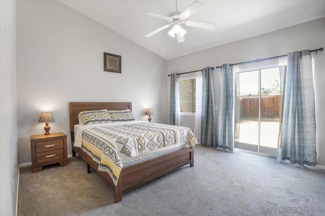 bedroom featuring ceiling fan, carpet floors, vaulted ceiling, and access to outside