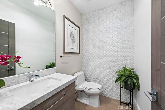 bathroom featuring toilet, vanity, and wood-type flooring