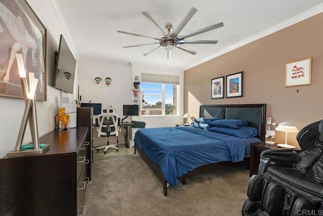 bedroom with light carpet, ceiling fan, and crown molding