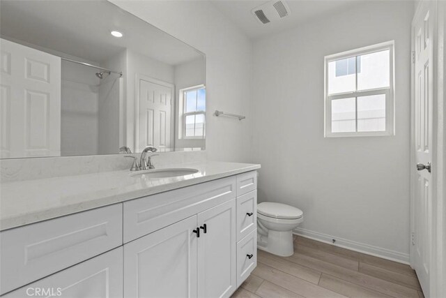 bathroom with vanity, toilet, a shower, and wood-type flooring