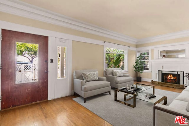 living room featuring ornamental molding and wood-type flooring