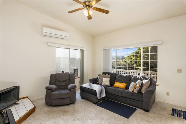 carpeted living room with ceiling fan, lofted ceiling, and a wall mounted air conditioner