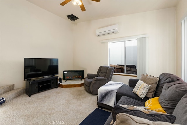 carpeted living room with ceiling fan, a healthy amount of sunlight, and an AC wall unit