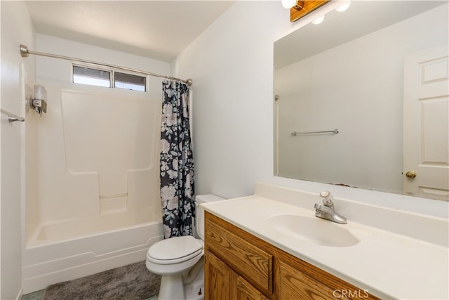 full bathroom featuring vanity, toilet, and shower / bathtub combination with curtain