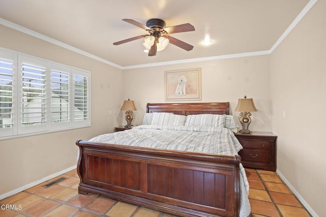 bedroom featuring crown molding, light tile patterned floors, and ceiling fan