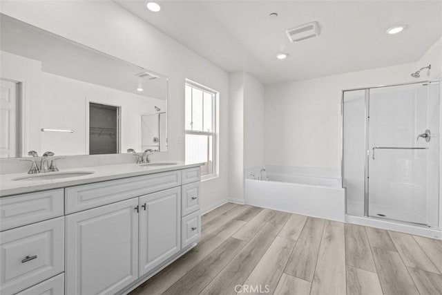 bathroom featuring vanity, wood-type flooring, and plus walk in shower