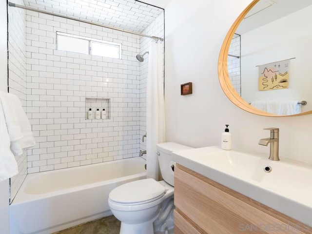 full bathroom with shower / bathtub combination with curtain, vanity, and toilet