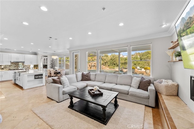 living room with crown molding