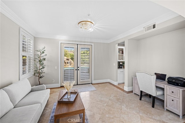 tiled home office featuring ornamental molding, an inviting chandelier, and french doors