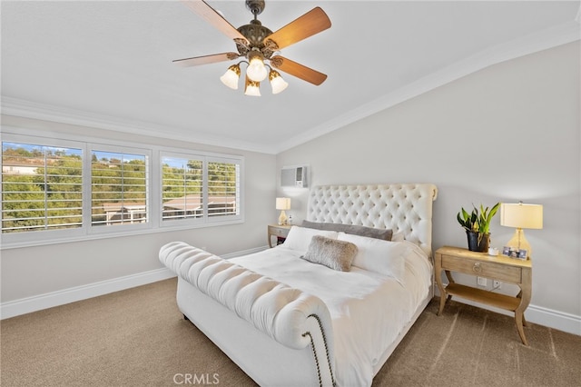 bedroom with lofted ceiling, carpet flooring, a wall mounted AC, ceiling fan, and crown molding