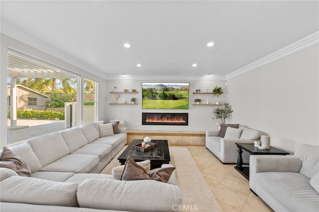 tiled living room featuring ornamental molding