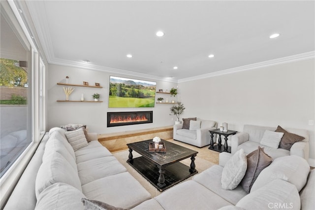 living room with crown molding