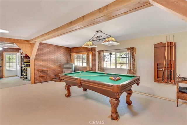 9226 La Porte Rd, Brownsville, CA 95919 - game room with brick wall, beam ceiling, and pool table