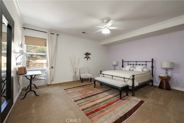 carpeted bedroom with ornamental molding and ceiling fan