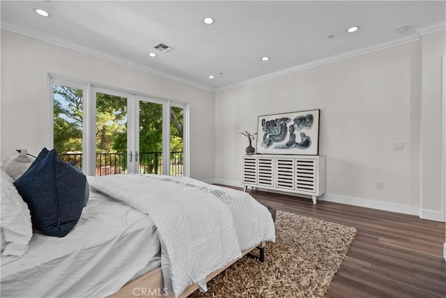 bedroom with access to exterior, wood-type flooring, and crown molding