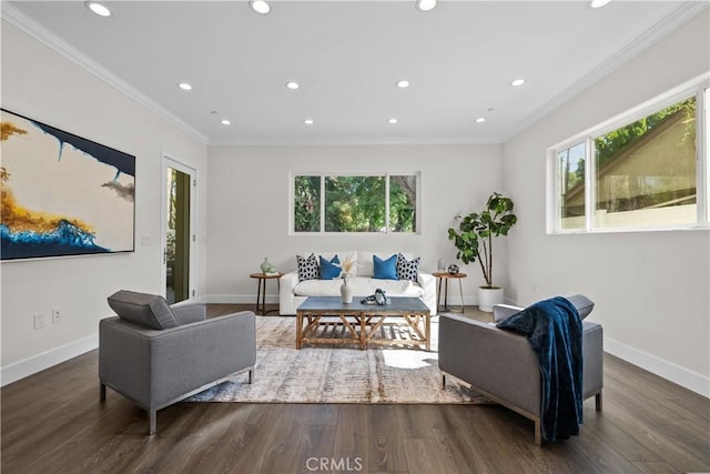 living room with crown molding, plenty of natural light, and dark wood-type flooring