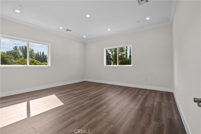 spare room with dark hardwood / wood-style floors, crown molding, and a wealth of natural light