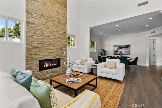 living room featuring hardwood / wood-style floors, a stone fireplace, a towering ceiling, and crown molding