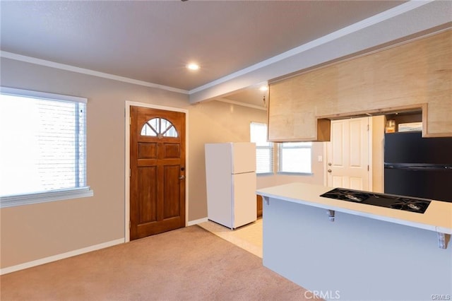 entrance foyer featuring a healthy amount of sunlight, light colored carpet, crown molding, and baseboards