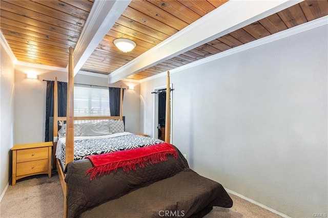 carpeted bedroom featuring crown molding, wood ceiling, beamed ceiling, and baseboards