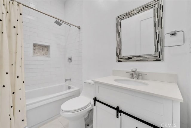 full bathroom featuring tile patterned flooring, shower / bath combination with curtain, toilet, and vanity