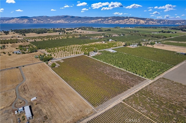 drone / aerial view with a rural view and a water and mountain view