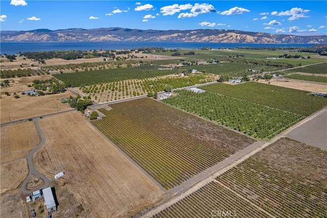 drone / aerial view with a water and mountain view and a rural view