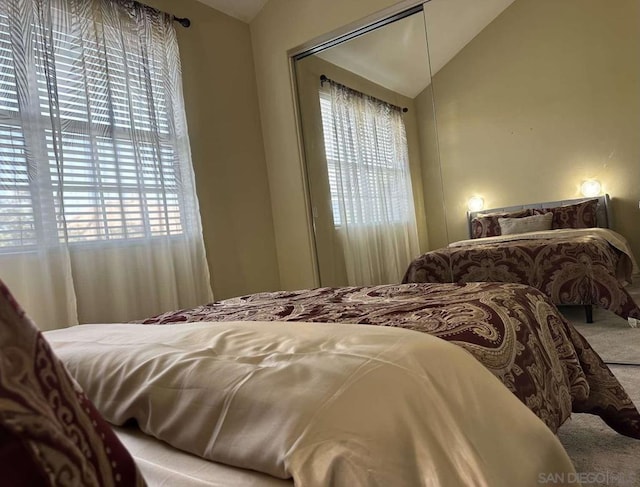 bedroom featuring lofted ceiling and a closet