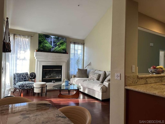 living room featuring dark hardwood / wood-style floors and vaulted ceiling