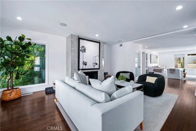 living room featuring dark wood-type flooring, a large fireplace, and a wealth of natural light