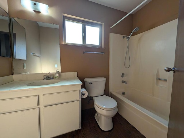 full bathroom with shower / bathtub combination, vanity, toilet, and wood-type flooring