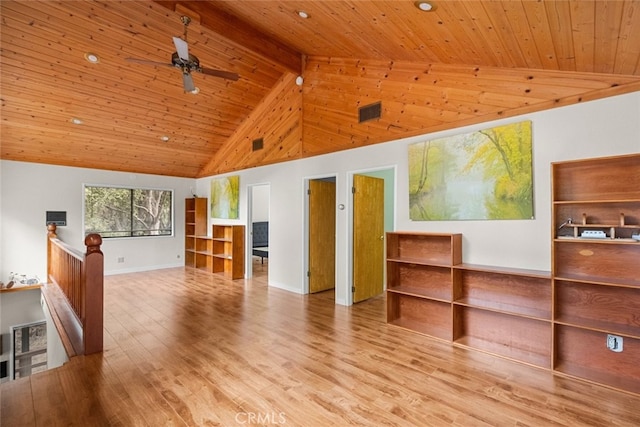 unfurnished living room with high vaulted ceiling, ceiling fan, wood ceiling, light hardwood / wood-style floors, and beam ceiling