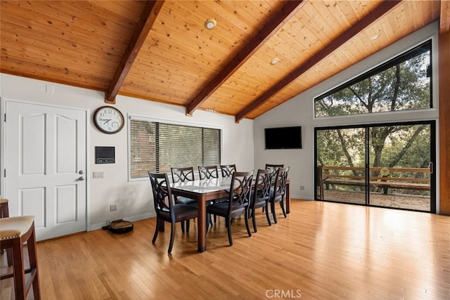 dining room with light hardwood / wood-style floors, wood ceiling, and a wealth of natural light