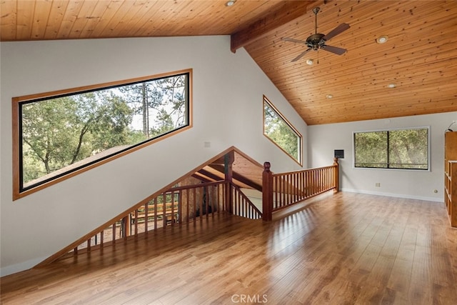 interior space featuring ceiling fan, light wood-type flooring, lofted ceiling with beams, and wood ceiling