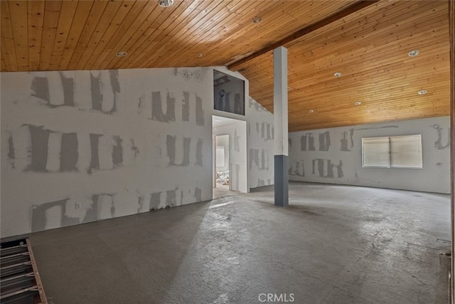 interior space with wood ceiling, beam ceiling, and high vaulted ceiling