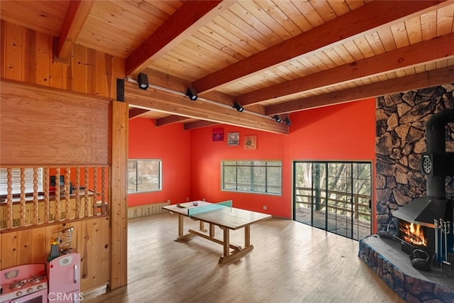 playroom featuring a wood stove, hardwood / wood-style flooring, and plenty of natural light