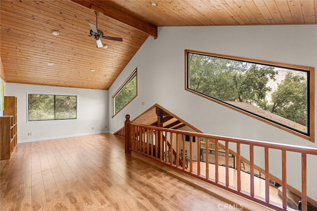 additional living space with ceiling fan, beamed ceiling, high vaulted ceiling, wooden ceiling, and light hardwood / wood-style floors