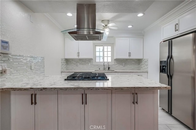 14728 Mansel Ave, Lawndale, CA 90260 - kitchen with stainless steel refrigerator with ice dispenser, island range hood, black gas cooktop, ceiling fan, and ornamental molding