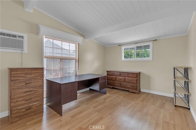 home office with vaulted ceiling with beams, light wood finished floors, and baseboards