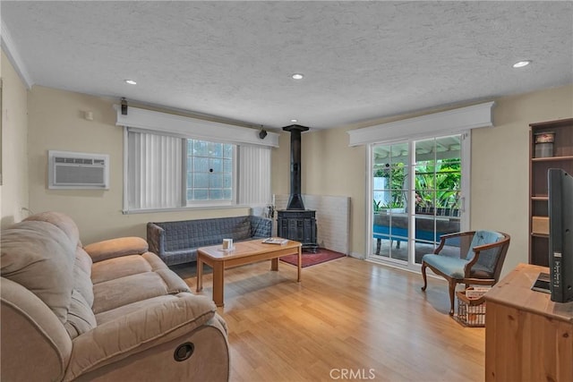 living area with an AC wall unit, a wealth of natural light, a wood stove, and light wood-type flooring
