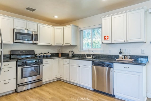 kitchen featuring white cabinets, stainless steel appliances, sink, and light hardwood / wood-style flooring