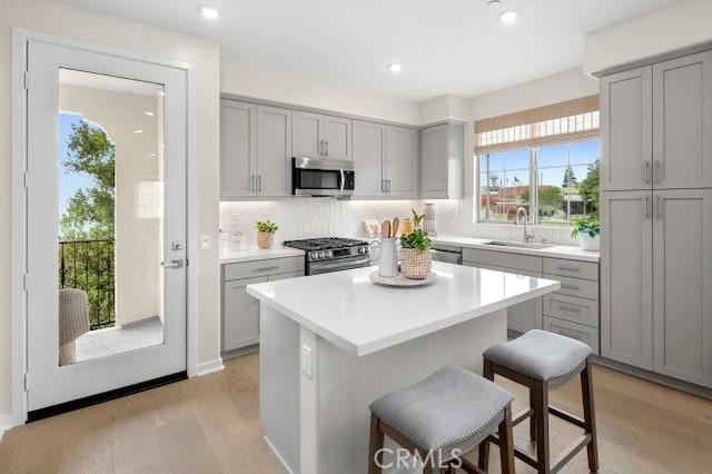 kitchen featuring gray cabinetry, sink, light wood-type flooring, and stainless steel appliances