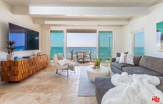 living room with wood ceiling and beam ceiling