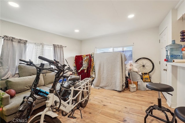 workout area featuring light hardwood / wood-style flooring