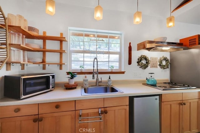12828 Broyles Trl, Oregon House, CA 95962 - kitchen with stainless steel microwave, wall chimney range hood, open shelves, and light countertops