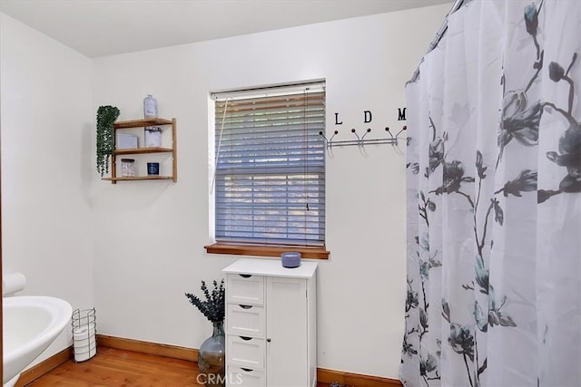 bathroom with walk in shower and hardwood / wood-style floors